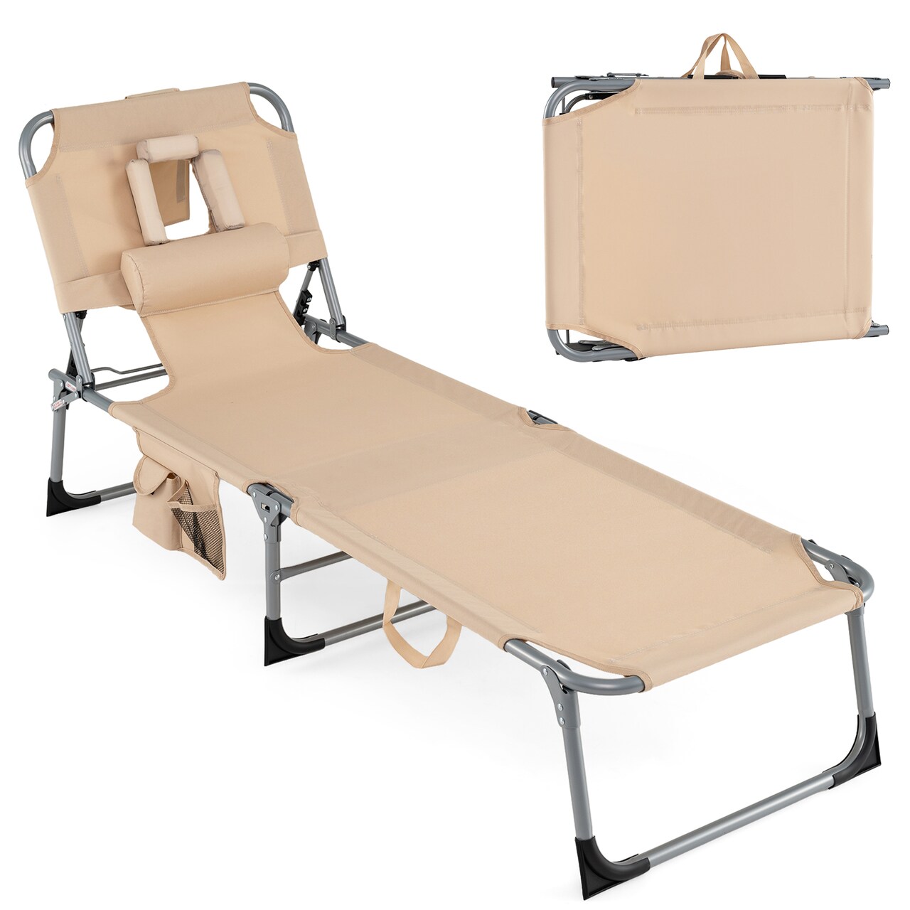 Goplus Outdoor Beach Lounge Chair Folding Chaise Lounge with Pillow Blue\Blue&Green\Black\Grey\Turquoise\Pink\Beige\Light Pink